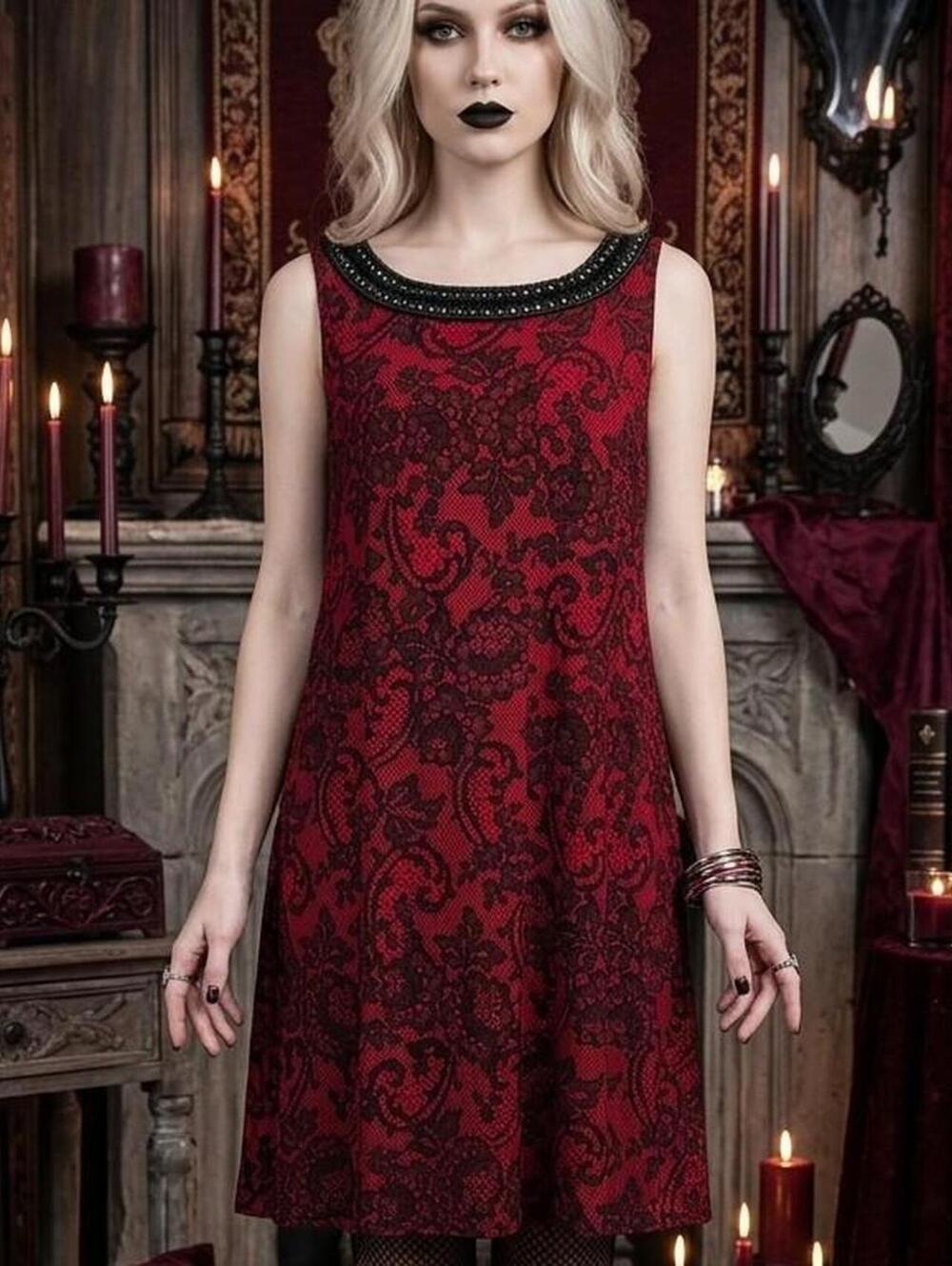 A detailed lace-patterned dark red sleeveless dress with a beaded neckline.